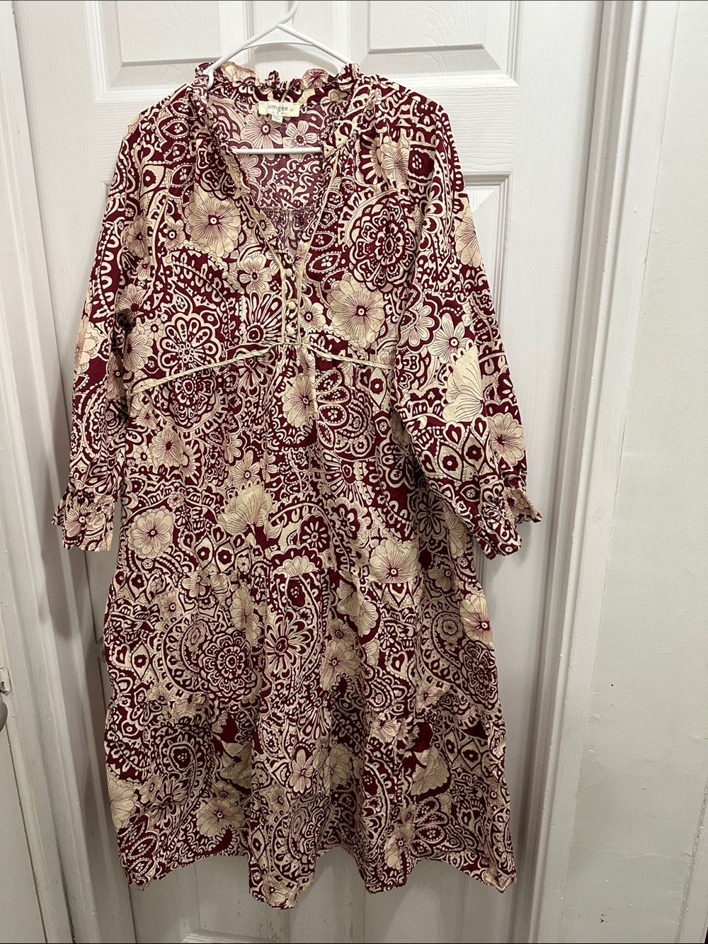 Umgee Burgundy and Cream Boho Midi Dress